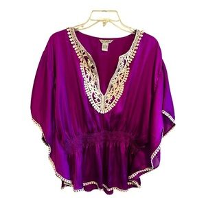 Fun and Flirt Women's Purple Boho Tunic Top with Crochet Trim Size Large
